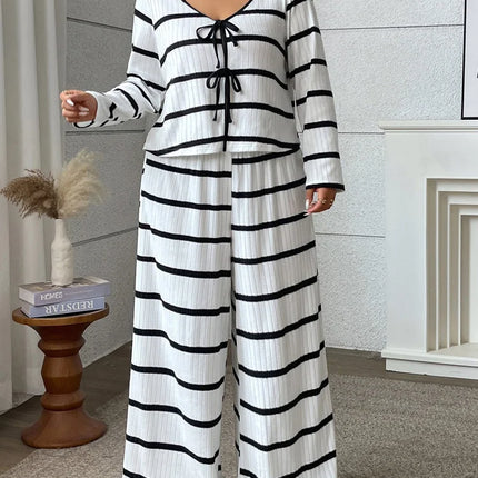Gibsie plus size 2 peça conjunto feminino 2025 outono listrado com decote em v gravata frente curto topo casual solto calças de perna larga mulher outfit