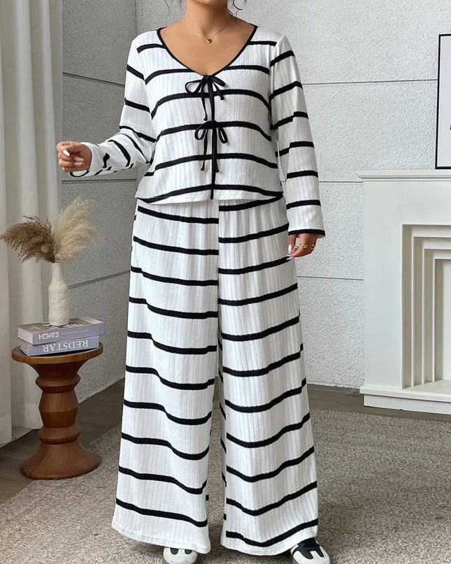 Gibsie plus size 2 peça conjunto feminino 2025 outono listrado com decote em v gravata frente curto topo casual solto calças de perna larga mulher outfit