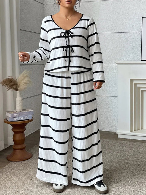 Gibsie plus size 2 peça conjunto feminino 2025 outono listrado com decote em v gravata frente curto topo casual solto calças de perna larga mulher outfit