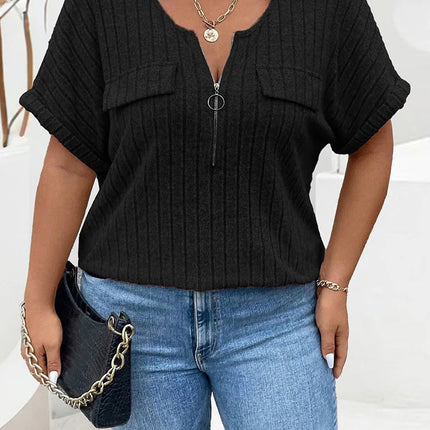 GIBSIE-T-shirt frontal feminina com fecho de correr, gola O, manga curta, tees casuais de malha costela, tops femininos, sólidos, plus size, verão, 2024