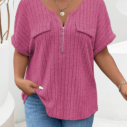 GIBSIE-T-shirt frontal feminina com fecho de correr, gola O, manga curta, tees casuais de malha costela, tops femininos, sólidos, plus size, verão, 2024