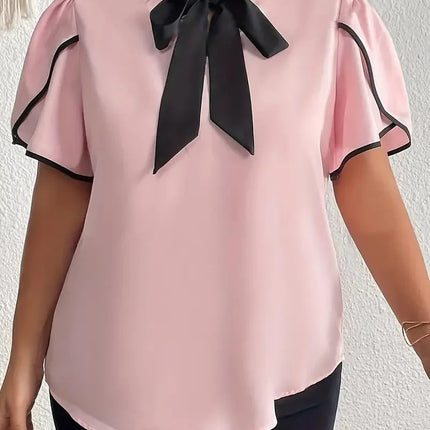 GIBSIE-Blusa feminina com gravata borboleta, camisas de manga curta, tops elegantes, blusa sólida feminina casual, plus size, verão, 2022
