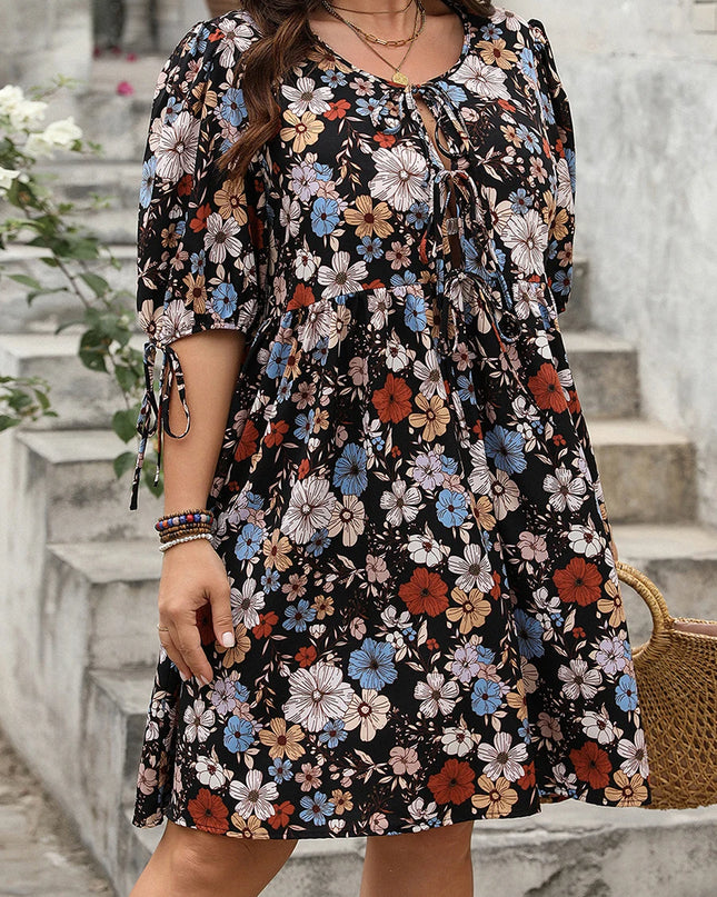 2025 Sexy feminino verão plus size vestido de manga curta o pescoço gravata frente boho floral vestidos de férias