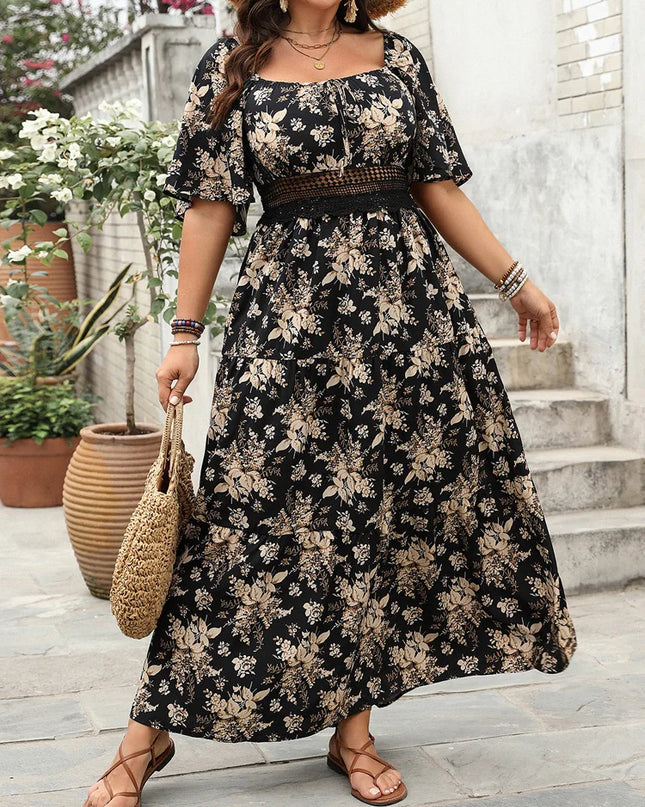 Gibsie plus size quadrado pescoço floral impressão maxi vestido feminino verão 2025 nó frente oco para fora boho férias grandes vestidos de balanço