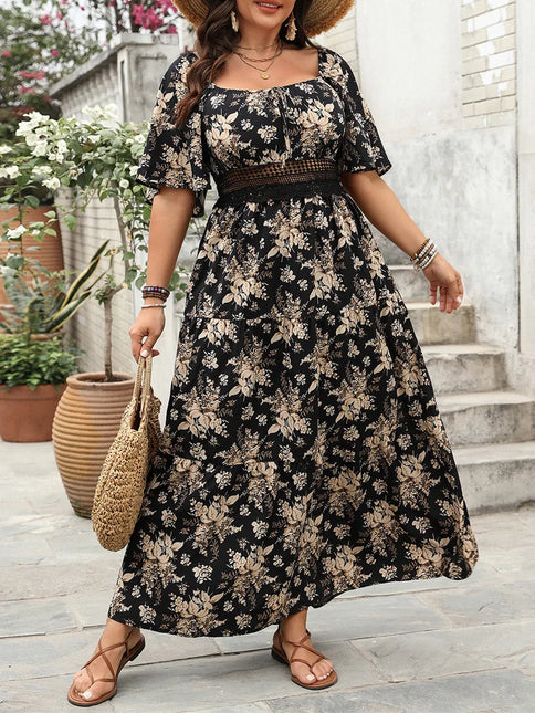 Gibsie plus size quadrado pescoço floral impressão maxi vestido feminino verão 2025 nó frente oco para fora boho férias grandes vestidos de balanço
