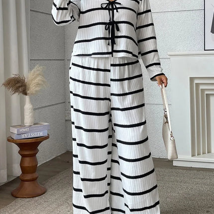 Gibsie plus size 2 peça conjunto feminino 2025 outono listrado com decote em v gravata frente curto topo casual solto calças de perna larga mulher outfit