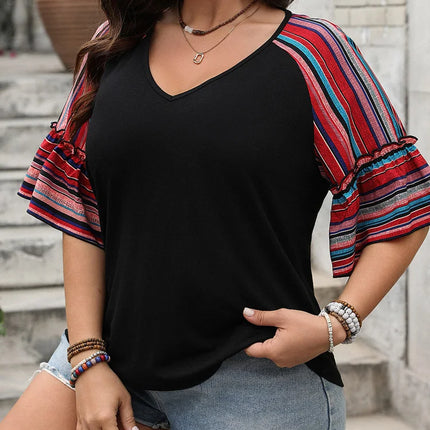 Gibsie plus size solto com decote em v listra manga alargada topo moda feminina 2025 verão boho meia manga feminino casual blusa de férias
