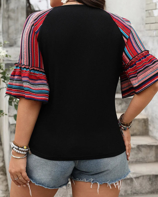 Gibsie plus size solto com decote em v listra manga alargada topo moda feminina 2025 verão boho meia manga feminino casual blusa de férias