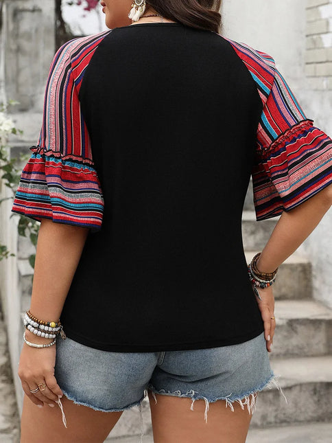 Gibsie plus size solto com decote em v listra manga alargada topo moda feminina 2025 verão boho meia manga feminino casual blusa de férias