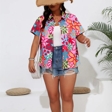 GIBSIE-camisas femininas com estampa boho, manga curta, colarinho com botões, plus size, blusas casuais para férias, verão