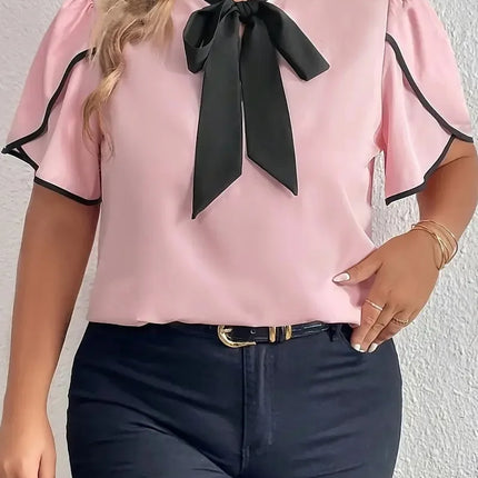 GIBSIE-Blusa feminina com gravata borboleta, camisas de manga curta, tops elegantes, blusa sólida feminina casual, plus size, verão, 2022