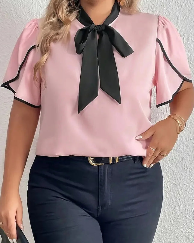 GIBSIE-Blusa feminina com gravata borboleta, camisas de manga curta, tops elegantes, blusa sólida feminina casual, plus size, verão, 2022