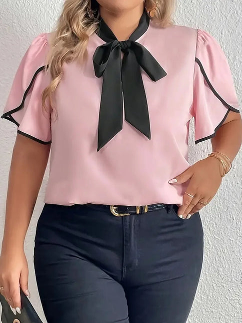 GIBSIE-Blusa feminina com gravata borboleta, camisas de manga curta, tops elegantes, blusa sólida feminina casual, plus size, verão, 2022