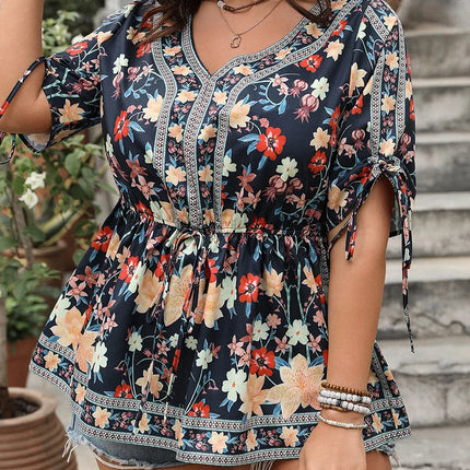 Gibsie plus size floral impressão gravata manga curta com decote em v topo feminino verão 2025 casual estilo de férias elástico boho blusas femininas