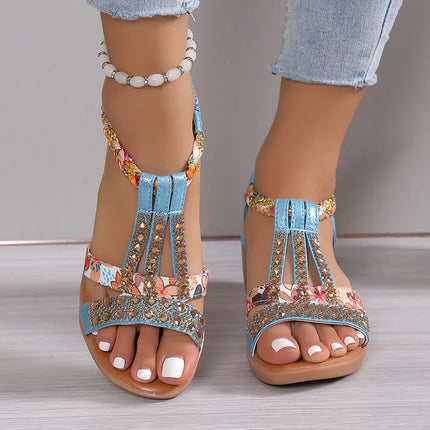 Sandália Feminina de Cunha Boho com Strass – Verão
