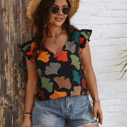 GIBSIE-Blusa de manga plissada com decote em V para mulheres, moda boho feminina, casual solta estampada, férias, plus size, verão, 2024