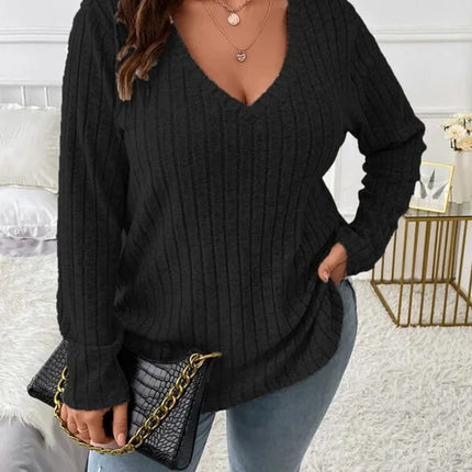 Gibsie plus size feminino casual com decote em v manga longa camisetas camisa 2024 primavera outono moda solta com nervuras malha topos para mulher