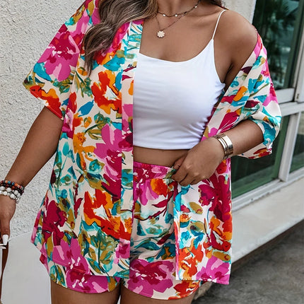GIBSIE-Camisas e Shorts de Praia Estampados para Mulheres, Roupa Boho Feminina, Shorts de Cintura Elástica, Casual Férias de Verão, Plus Size, 2 Pcs