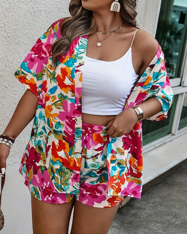 GIBSIE-Camisas e Shorts de Praia Estampados para Mulheres, Roupa Boho Feminina, Shorts de Cintura Elástica, Casual Férias de Verão, Plus Size, 2 Pcs