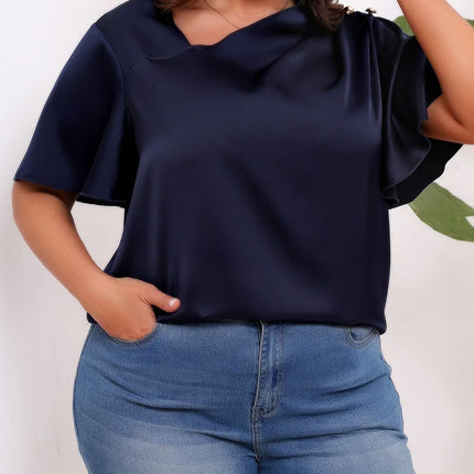 GIBSIE-Blusa Feminina Diagonal Sólida, Tamanhos Grandes, Tops Soltos de Cetim, Manga Curta, Botões, Camisa Casual de Escritório, Feminina, Verão