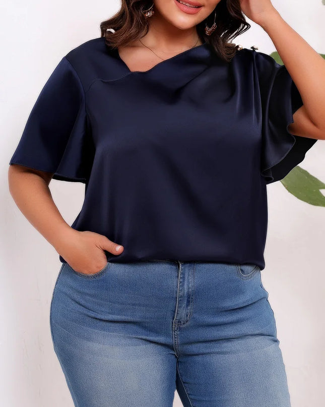 GIBSIE-Blusa Feminina Diagonal Sólida, Tamanhos Grandes, Tops Soltos de Cetim, Manga Curta, Botões, Camisa Casual de Escritório, Feminina, Verão