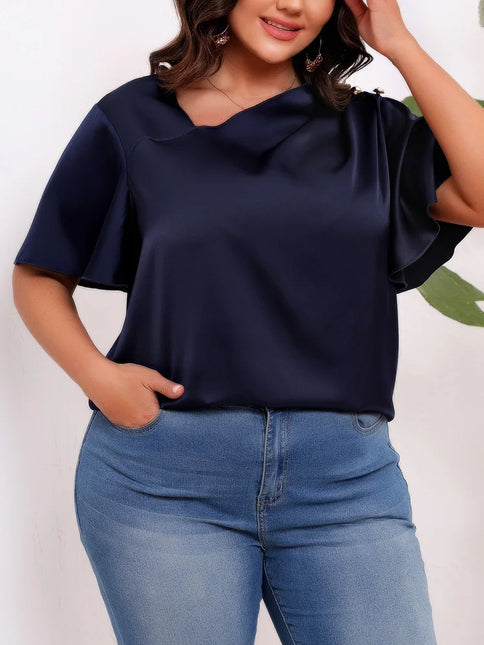 GIBSIE-Blusa Feminina Diagonal Sólida, Tamanhos Grandes, Tops Soltos de Cetim, Manga Curta, Botões, Camisa Casual de Escritório, Feminina, Verão