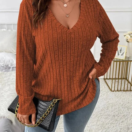 Gibsie plus size feminino casual com decote em v manga longa camisetas camisa 2024 primavera outono moda solta com nervuras malha topos para mulher
