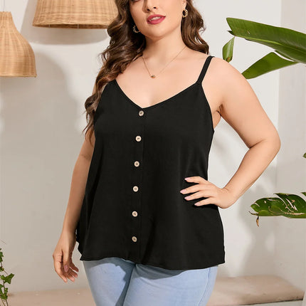 GIBSIE-Camiseta feminina, tamanho grande, preto, decote em v, sem mangas, tops sem costas, moda, tanques casuais de botão frontal, verão