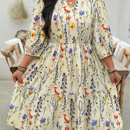 【Tamanho Plus】 Vestido com estampa floral e pescoço entalhado, vestido boêmio casual para uso diário, roupas femininas plus para todas as estações