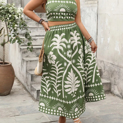 Gibsie plus size férias impressão saia define feminino verão laço sem costas colheita cami topo com grande balanço saia longa