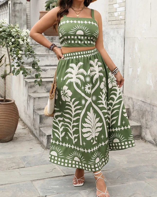 Gibsie plus size férias impressão saia define feminino verão laço sem costas colheita cami topo com grande balanço saia longa