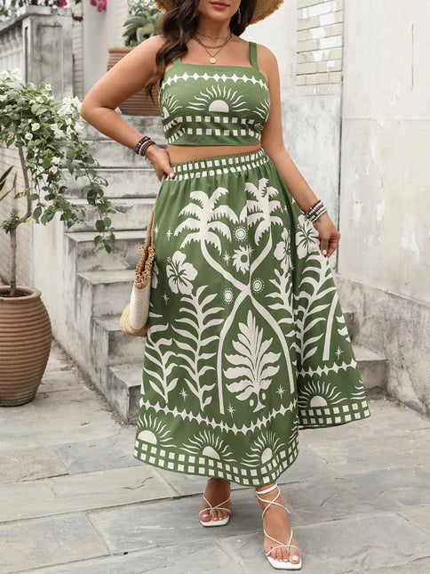 Gibsie plus size férias impressão saia define feminino verão laço sem costas colheita cami topo com grande balanço saia longa