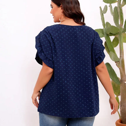 GIBSIE-blusa de manga plissada suíça tamanho grande para mulheres, blusa de verão boho casual sólida, gola redonda, camisa solta de manga curta, tops