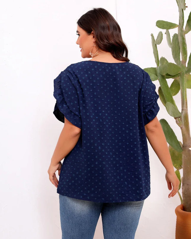 GIBSIE-blusa de manga plissada suíça tamanho grande para mulheres, blusa de verão boho casual sólida, gola redonda, camisa solta de manga curta, tops