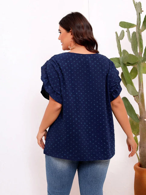 GIBSIE-blusa de manga plissada suíça tamanho grande para mulheres, blusa de verão boho casual sólida, gola redonda, camisa solta de manga curta, tops