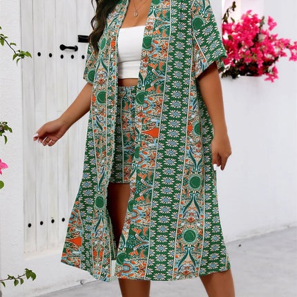 Gibsie plus size verão conjunto de duas peças para mulheres férias longo quimono cardigan com shorts estilo praia boho impressão conjuntos de roupas
