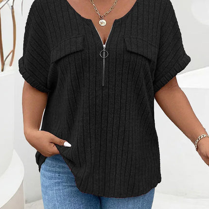 GIBSIE-T-shirt frontal feminina com fecho de correr, gola O, manga curta, tees casuais de malha costela, tops femininos, sólidos, plus size, verão, 2024