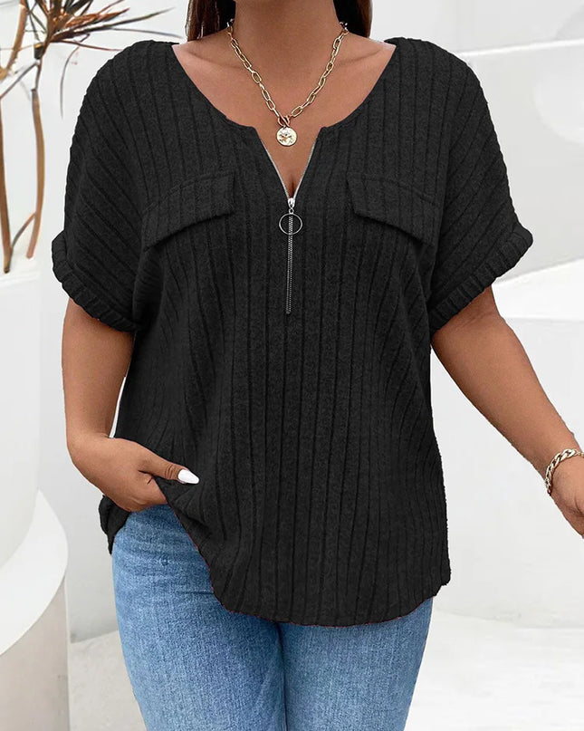 GIBSIE-T-shirt frontal feminina com fecho de correr, gola O, manga curta, tees casuais de malha costela, tops femininos, sólidos, plus size, verão, 2024