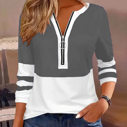 Blusa Feminina Listrada com Decote em V e Zíper