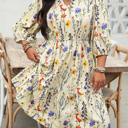 【Tamanho Plus】 Vestido com estampa floral e pescoço entalhado, vestido boêmio casual para uso diário, roupas femininas plus para todas as estações
