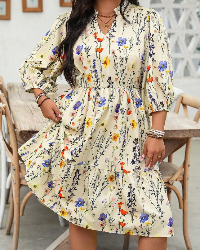 【Tamanho Plus】 Vestido com estampa floral e pescoço entalhado, vestido boêmio casual para uso diário, roupas femininas plus para todas as estações