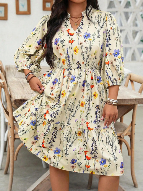 【Tamanho Plus】 Vestido com estampa floral e pescoço entalhado, vestido boêmio casual para uso diário, roupas femininas plus para todas as estações