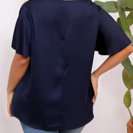 GIBSIE-Blusa Feminina Diagonal Sólida, Tamanhos Grandes, Tops Soltos de Cetim, Manga Curta, Botões, Camisa Casual de Escritório, Feminina, Verão