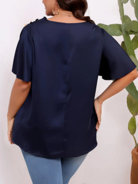 GIBSIE-Blusa Feminina Diagonal Sólida, Tamanhos Grandes, Tops Soltos de Cetim, Manga Curta, Botões, Camisa Casual de Escritório, Feminina, Verão