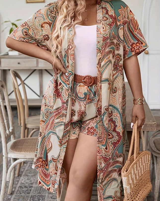 GIBSIE-Conjunto feminino de duas peças, tamanho grande, estampa de férias, cardigã longo de quimono, manga curta, boho, cinto sem cinto, verão