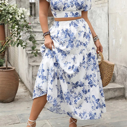 2025 verão das mulheres plus size saias outfits floral impressão com decote em v manga curta topos cintura elástica saias longas roupas 2 peças conjunto
