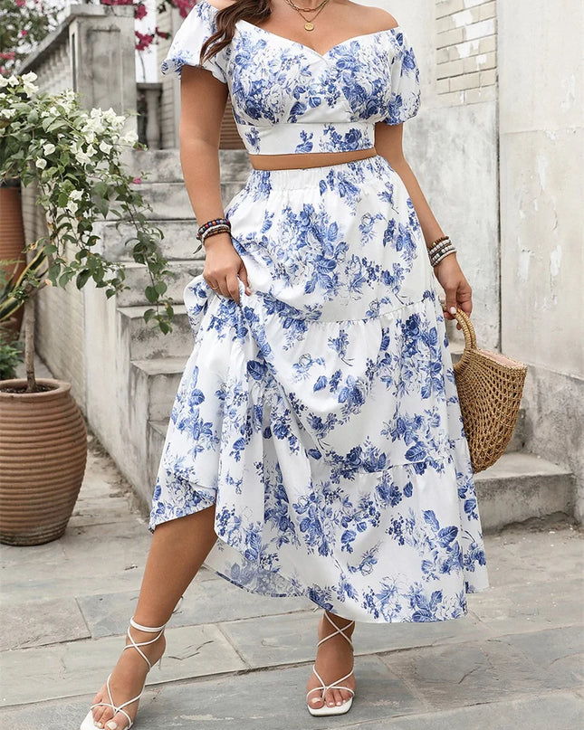 2025 verão das mulheres plus size saias outfits floral impressão com decote em v manga curta topos cintura elástica saias longas roupas 2 peças conjunto