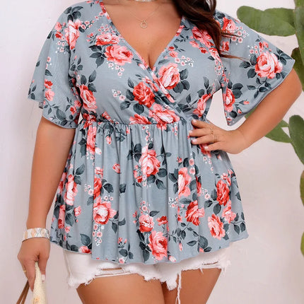 Gibsie plus size floral impressão casual peplum blusa feminina 2025 verão com decote em v manga borboleta boho elástico férias blusas topos