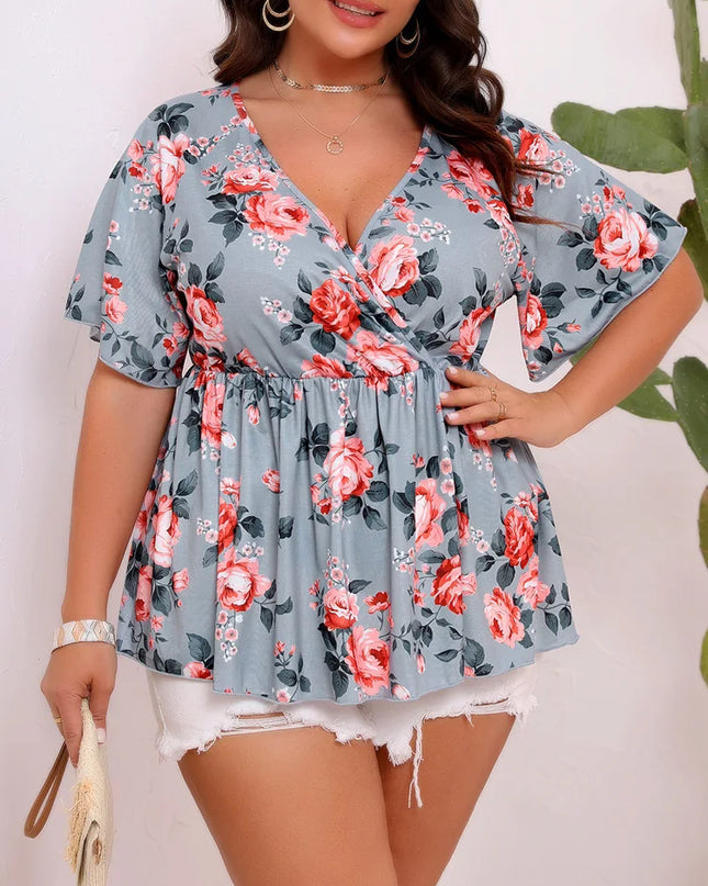 Gibsie plus size floral impressão casual peplum blusa feminina 2025 verão com decote em v manga borboleta boho elástico férias blusas topos