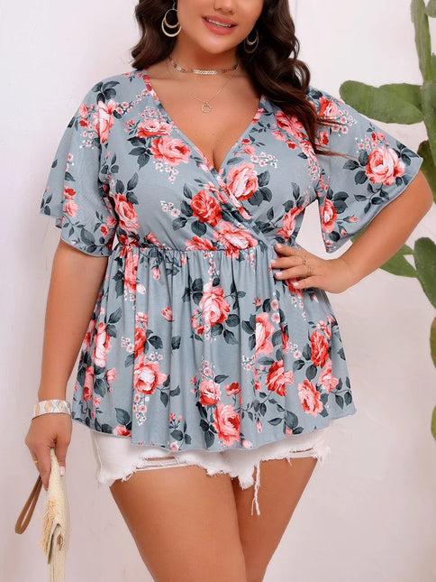 Gibsie plus size floral impressão casual peplum blusa feminina 2025 verão com decote em v manga borboleta boho elástico férias blusas topos